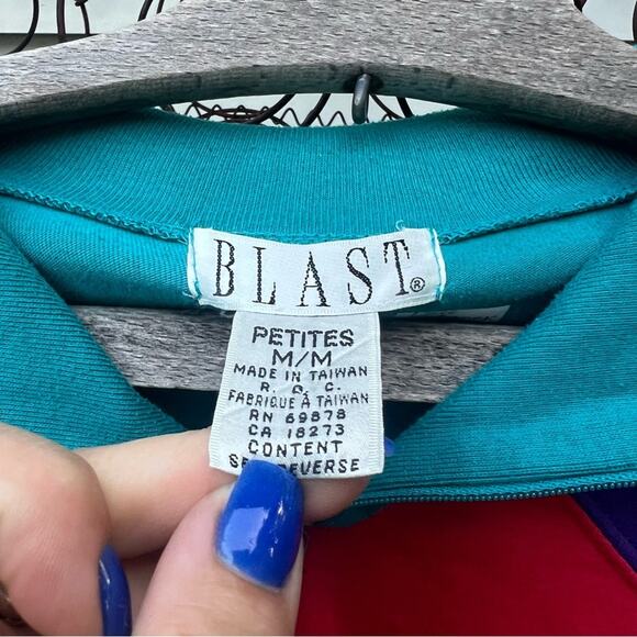 Vintage 80s Blast Teal Red Purple Color Block Henley Lightweight Sweatshirt PM - Picture 3 of 4